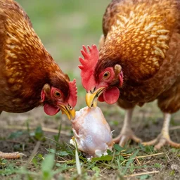 a chicken eating a chicken leg