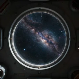 Looking out a porthole in space. Futuristic style. Mysterious.