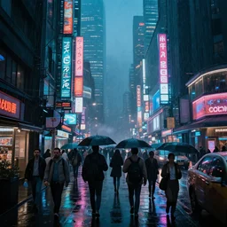 A rainy cyberpunk city, neon lights, busy crowds