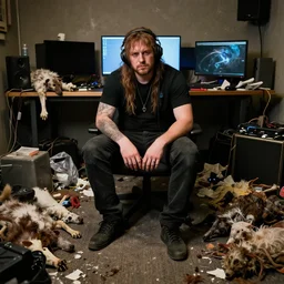 gamer pope in a messy room filled with trash and dead animals