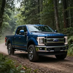 navy blue Ford F-250 super duty pickup truck (2018), an epic fantasy, dramatic lighting, cinematic, establishing shot, extremely high detail, photorealistic, cinematic lighting, artstation, by simon stalenhag, driving on a forest trail