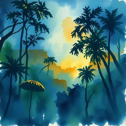 small centered on watercolor paper, paint brush strokes, abstract watercolor painting of nightfall over jungle nature, cinematic light, national romanticism by hans dahl, by jesper ejsing, by anders zorn, by greg rutkowski, by greg manchess, by tyler edlin