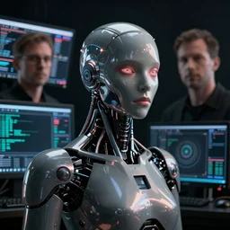 a Portrait of a cyborg, cyberpunk, by Sam Spratt, by Vlad Rodriguez, computer screens in the background, trending on Artstation, dark, dramatic, cinematic, realistic studio lighting, realistic reflections, 4k, professional, canon