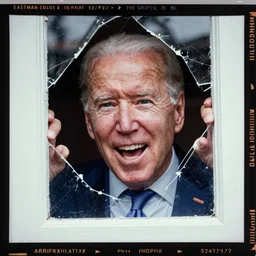A close-up portrait of Joe Biden manically looking through a broken door, film still from The Shining by Stanley Kubrick, Eastman Color Negative II 100T 5247/7247, ARRIFLEX 35 BL Camera