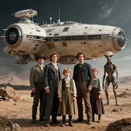 highly detailed, 128024777216k film still from a sci fi blockbuster color movie made in 2019, set in 1860, of a family standing in front of a spaceship that has just landed on an alien planet, a humanoid alien creature stands nearby, the family are all wearing 1860s era clothes, in focus, good lighting, good photography, ultra high definition