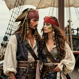 fully clothed handsome pirate couple on a pirate ship. love. eyes. talented art nouveau