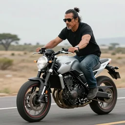 danny trejo riding on a motorbike with his hair tied up, realistic photography, 4 k, trending on artstation