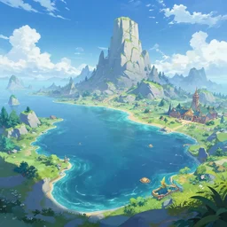 genshin impact landscape in style of genshin impact, beautiful ocean, vibrant fantasy anime, genshin impact world, 8 k resolution, trending on artstation, octane rendering, volumetric lighting, anime world,