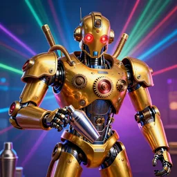 portrait photo of a giant huge golden and blue metal humanoid steampunk robot barmixer with a cocktail shaker, with a human face and gears and tubes, eyes are glowing red lightbulbs, shiny crisp finish, 3 d render, 8 k, insaneley detailed, fluorescent colors, background is multicolored lasershow