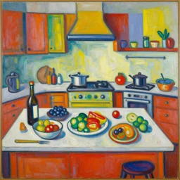 a painting of a kitchen with a lot of food on the counter, an abstract painting by albert irvin, featured on dribble, lyrical abstraction, fauvism, vibrant colors, vivid colors