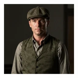 portrait kevin mckidd, olive green flat cap and waistcoat, dark atmosphere, peaky blinders, gta v cover!!