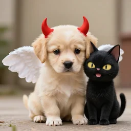 a very sad puppy with a angel wings, a very happy villain cat with devils horns