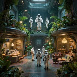 people in space uniforms hanging out in a spaceship main hall with lush gardens, coffee shops and living quarters, cyberpunk, moody, luminescent, rule of thirds, golden ratio, ambient lighting, syd mead, greg rutkowski, wlop, artgerm, artstation, highly detailed masterpiece