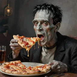 hyper realistic painting of frankenstein eating a slice of pizza with his mouth wide open