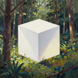 A forest landscape with a prefectly diffuse cube in the middle of the painting, by bob ross