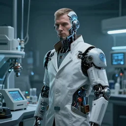 a laboratory operator man with cybernetic enhancements, dystopian scifi gear, scifi character portrait by greg rutkowski, craig mullins, cinematic lighting