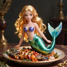 a cute mermaid, cooked  on a platter