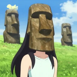 anime girl with easter island head as a head