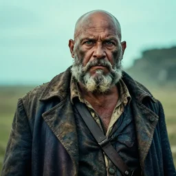 an award winning outdoors portrait photo of a bald, dirty, old, head shaven french strong and chubby 1 7 0 0 s dirty caribbean olive tanned pirate with shaved head and curly grey dirty beard, crooked big stern face, blue eyes, wearing a big coat, daybreak, teal movie color graded