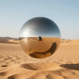 reflective metal ball floating in the desert