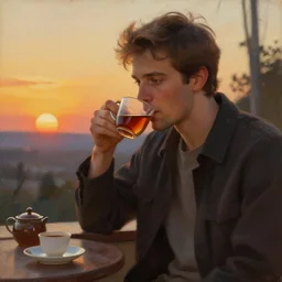 attractive man drinking tea, sunset, painting by ross tran, j. c. leyendecker, tom of finland, trending on artstation