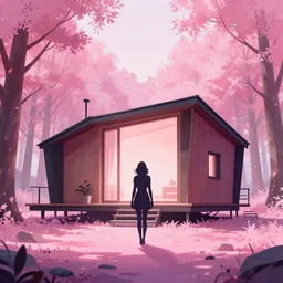a female sillhouette a large modern cabin surrounded by pink forest, artstation