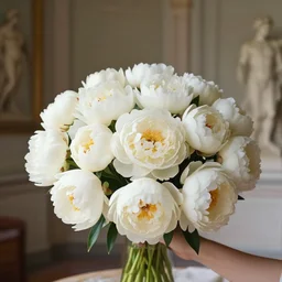 atmospheric beautiful bouquet of white delicate peony in the sunny room of his beloved wife, wrote renaissance michelangelo
