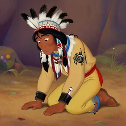 native american kneeling down looking at the ground, looks like disney painting, detailed