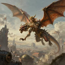 Steampunk angel attacking a dragon, on a steampunk city sky, epic,  matte painting, steampunk fantasy, artstation