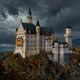 an ornate castle on the top of a mountain during a storm by Tim and Greg Hildebrandt, trending on Artstation, rich deep vibrant colors