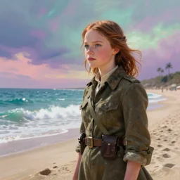 katniss everdeen on a beach, ww 2, extremely detailed digital painting, in the style of fenghua zhong and ruan jia and jeremy lipking and peter mohrbacher, mystical colors, rim light, beautiful lighting, 8 k, stunning scene, raytracing, octane, trending on artstation