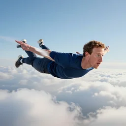 photo of mark zuckerberg learning to fly in the clouds, realistic, highly - detailed, sharp focus, award - winning