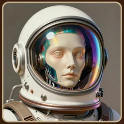 portrait of a biomechanical head inside a futuristic space helmet, vintage, neon, white metal, iridescent visor,  smooth, sharp focus, high detail, deviantart, art by Alphonse Mucha,