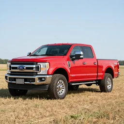 A photograph of a red Ford F-250 super duty pickup truck (2018) in a farm field, photo taken in 2018