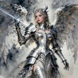 concept art of an angel gothic girl in dark and white dragon armor, rococo outfit, pinterest, artstation trending, behance, watercolor, by coby whitmore, silver, laser light,