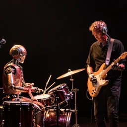 a beautiful electronic concert photo shot by craig mullins of a couple of octopus robots playing drums and fender telecaster guitar, black background, concert light, dark mood, warm lights