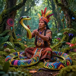 a peruvian Ayahuasca shaman in a luxurious forest mastering snakes covered with colorful shipibo patterns, digital visionary art, psychedelic vibrant colors, cinematic, establishing shot, extremly high detail, octane render post processed, artstation