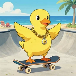 a dodo wearing a gold chain around its neck, on a hovering skateboard without wheels, at a skate park near the beach, 1990s cartoon