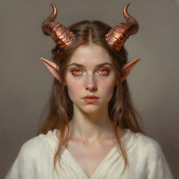 A head-on, symmetrical detailed oil portrait of an elf woman with small horns of copper, bright copper colored eyes and wearing a simple white robe, by greg rutkowski, trending on artstation, dungeon and dragons art