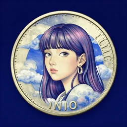 a frontal drawing of a coin with a dark blue background and clouds by inio, beeple and james jean, aya takano color style, trippy, 4 k, super detailed, night sky, digital art, digital painting, clean