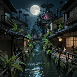 a canal in venice at night, dystopian, steampunk style, Miyazaki tekkonkintreet Teikoku Shounen style, amazing Traditional Japanese alley lane on full moon, machinery and wires, lush vegetation and ferns, sun rays, octane render, trending on artstation, hyper detailed, cinematic