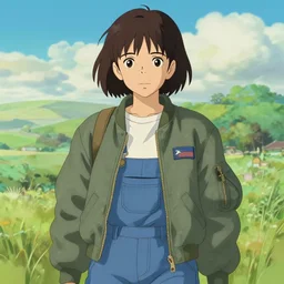 a handsome young girls! model, wearing ma - 1 flight suit jacket and overalls, trending on pixiv fanbox, painted by greg rutkowski makoto shinkai takashi takeuchi studio ghibli, akihiko yoshida