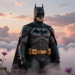 harry potter dressed as batman, fantasy character portrait, soft clouds, floral sunset, ultra realistic, concept art, intricate details, cinematic, highly detailed