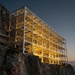 steel structure on a cliff designed by zaha hadid, cinematic lighting, deep focus, sharp focus, golden ratio, dramatic illumination, hdr, ultra realistic, 8 k, highly detailed, trending on artstation, epic composition, by caravaggio, by artemisia lomi gentileschi