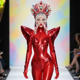 a fashion character design wearing a red sequined bodysuit, beads hanging over her face like an alexander mcqueen headdress, costume by eiko ishioka, haute couture by moebius, steven outram, colorful and psychedelic