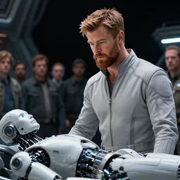 cinematic portrait of chris hemsworth with big ginger beard in light grey futuristic jumpsuit staring at laying android robot, dark space station at background, high detail, 8 k, sharp focus, movie still, dramatic lighting, ray tracing, smooth, lane brown, finnstark, oleg bulakh, diego fazio, mike dargas, emanuele dascanio, felix englund, michal