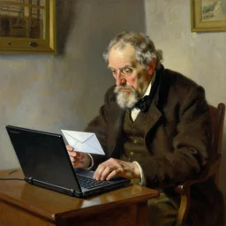 poor grandpa trying to figure out how to send an email sitting in his small room looking at his lenovo thinkpad laptop t 4 1 0 8 gb ram jamie wyeth greg rutkowski winslow homer thomas eakins lucian freud edward hopper j. m. w. turner oil painting