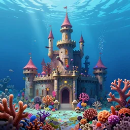 underwater castle surrounded by colorful coral, digital art