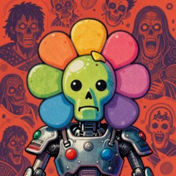 flowerpunk mech scally samurai face, risograph grainy painting, vibrant colors, grotesque, wrapped thermal background, bymike mignola and moebius art, midshot wide portrait
