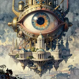 the amazing floating neoclassical city, fantasy, steampunk, the big mecha eye is watching us. intricate, amazing composition, colorful watercolor, by ruan jia, by maxfield parrish, by marc simonetti, by hikari shimoda, by robert hubert, by zhang kechun, illustration, gloomy
